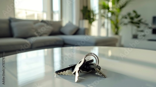 Keys arranged neatly on a round white table in a new apartment or hotel room © AlfaSmart