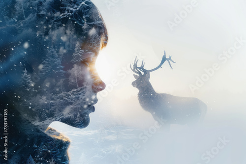  Serene Double Exposure of Woman with Snowy Landscape and Stag