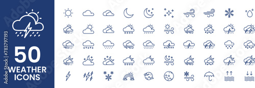50 Weather icon set. Containing sun, rain, snow, cloud, humidity, temperature, summer, winter, spring, cloudy and rainy seasons. Climate symbol. Outline icon collection.