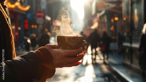 Person hand holding a steaming cup of coffee photo