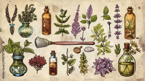 Vintage botanical illustration style top-view of a spa collection: detailed drawings of herbs, apothecary bottles, and a sense of scientific wonder