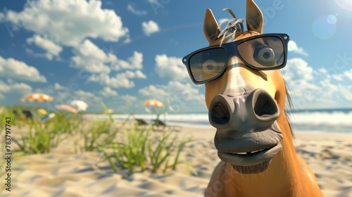 Cool horse wearing sunglasses on the beach