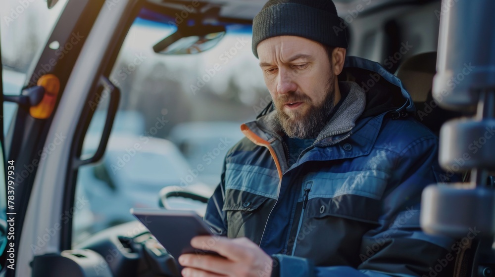 Specialist using a tablet to control and optimize the routes of a fleet of trucks Specialist using a tablet to control and optimize the routes of a fleet of trucks