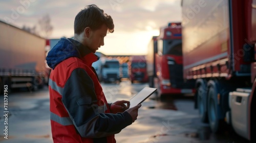 Logistics manager in action using a tablet to monitor and coordinate the movement of a fleet of trucks
