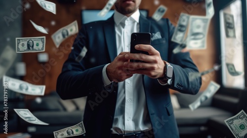 A businessman in a suit holding an phone with money flying around him