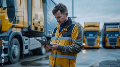 Logistics manager in action using a tablet to monitor and coordinate the movement of a fleet of trucks