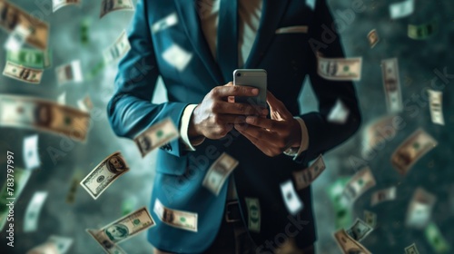 A businessman in a suit holding an phone with money flying around him photo
