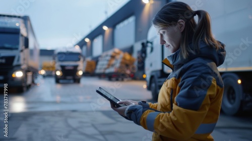 Specialist using a tablet to control and optimize the routes of a fleet of trucks photo