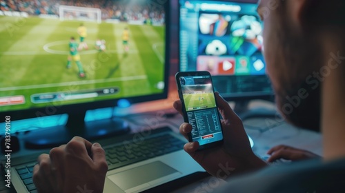 male hands with smartphone. Man watching soccer play online broadcast on his laptop, cheering for favourite team, making bets using mobile application.