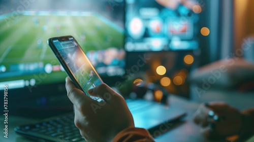 male hands with smartphone. Man watching soccer play online broadcast on his laptop, cheering for favourite team, making bets using mobile application.