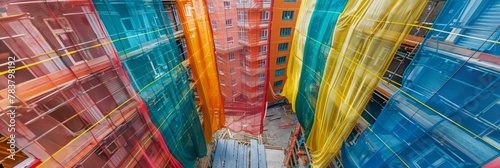 Bright multi-colored security nets scattered around a multi-story building