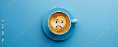 Unhappy coffee break: frowning face in cup photo