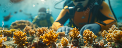 Coral restoration, skilled divers carefully planting and nurturing new coral colonies