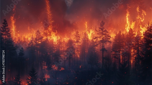 Fiery forest and woods blaze with intense heat  emitting smoke and dangerous flames  amidst a backdrop of orange and red hues Sunlight filters through the haze  creating a scene of natural disaster an