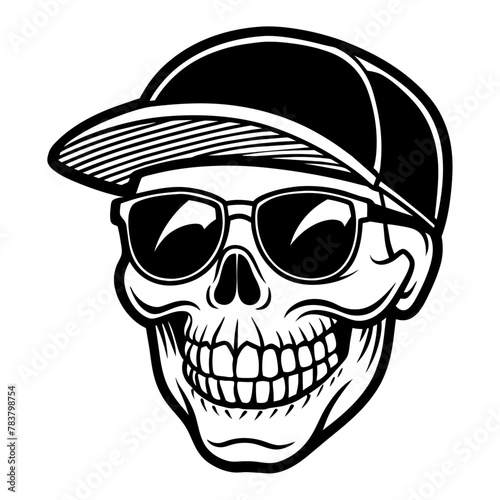 "Smiling Skull with Sunglasses and Cap - Cool Hipster Skeleton Portrait for Trendy Designs and Halloween Concepts"
