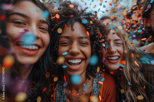 A cheerful  festive scene shows friends laughing together amidst a colorful confetti shower