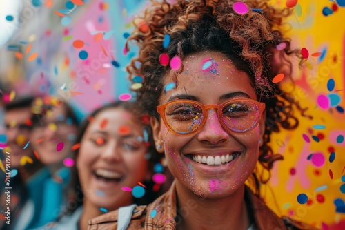 A vibrant image capturing a happy woman's face with confetti and paint at a lively festival