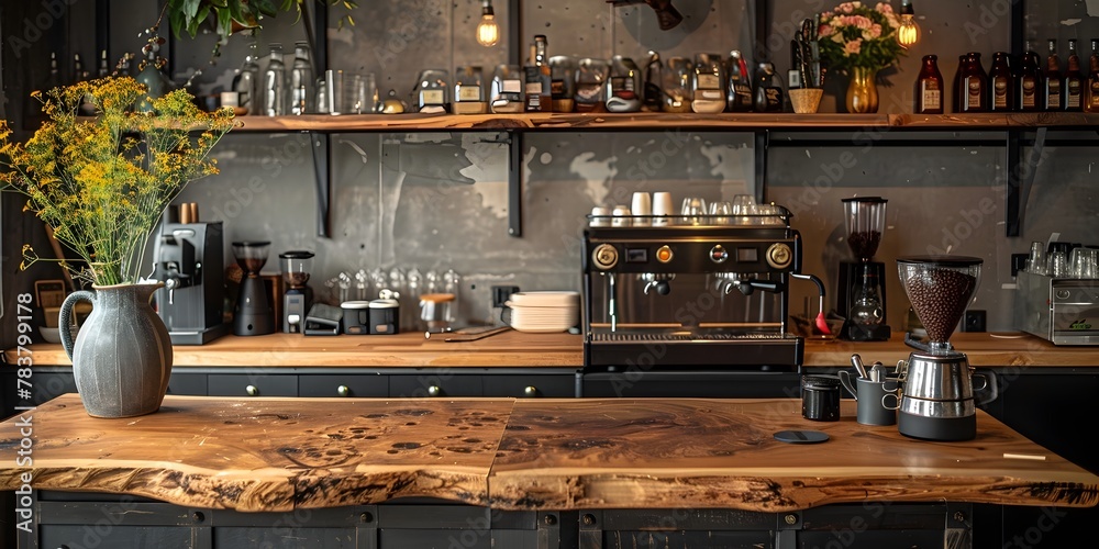Wooden Counter Table and Espresso Machine in a Cozy Specialty Cafe Showcasing the Barista s Craft Wooden Counter Table and Espresso Machine in a Cozy Specialty Cafe Showcasing the Barista s Craft