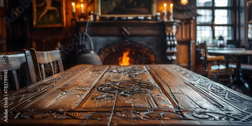 Intricately Carved Wooden Table in Cozy Historic Cafe Interior with Crackling Fireplace