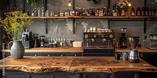 Wooden Counter Table and Espresso Machine in a Cozy Specialty Cafe Showcasing the Barista s Craft