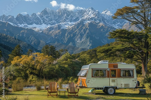 A retro caravan set against a breathtaking mountain vista with clear skies and surrounding foliage