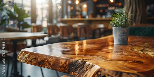 Rustic Wooden Table with Live Edge in Cozy Cafe Environment Showcasing Natural Beauty and Craftsmanship photo
