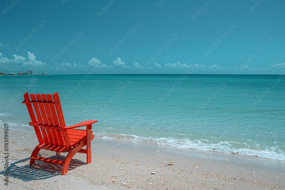A solitary red beach chair inviting relaxation on a peaceful and clear sandy beach under a bright blue sky