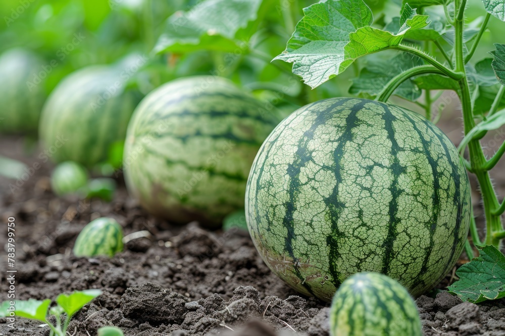 Ripe watermelons ready for harvest on organic farm field, summer agriculture background for sale