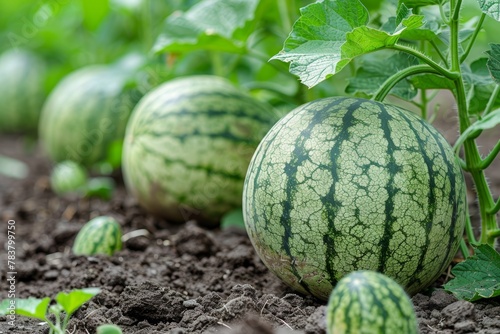 Ripe watermelons ready for harvest on organic farm field, summer agriculture background for sale