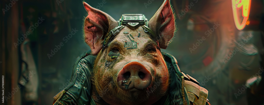 Cybernetic pig character in futuristic setting - obrazy, fototapety, plakaty 