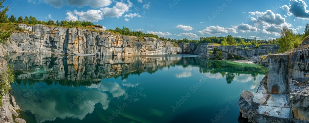 Panoramic view of a tranquil quarry lake reflecting a clear blue sky, surrounded by rocky cliffs
