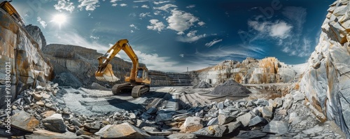 Panoramic view of quarry operations with excavator photo