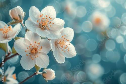 Beautiful white cherry blossoms in soft focus with a nicely blurred bokeh background, conveying serenity © Larisa AI