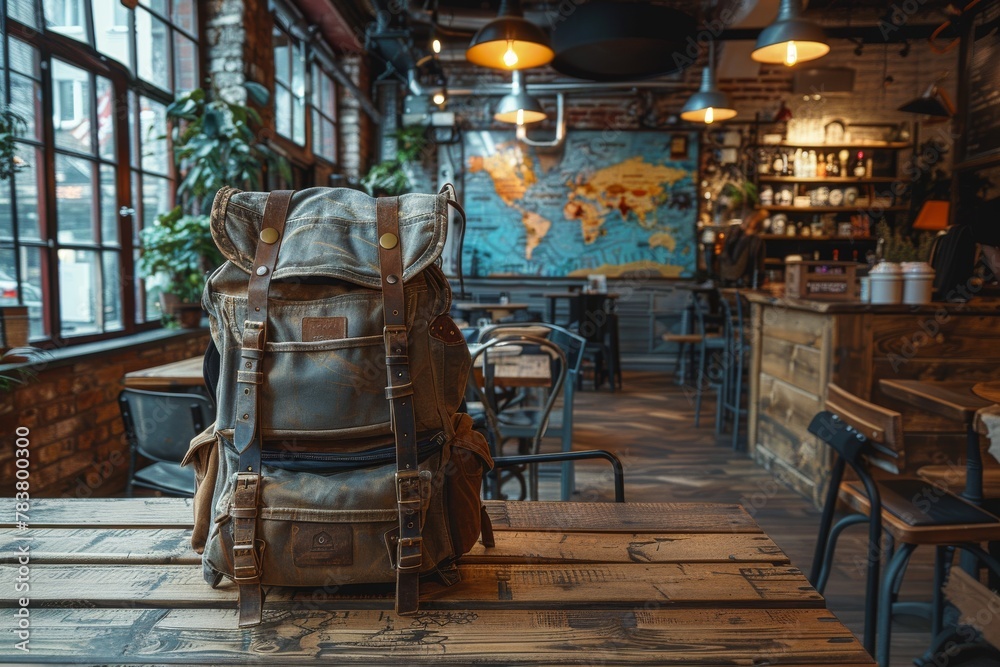A vintage leather backpack on a wooden table in a warm, cozy coffee shop