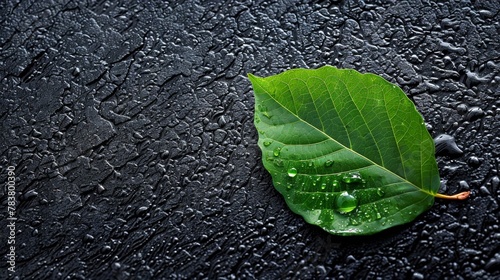 A green leaf on wet black asphalt, natures resilience in warming photo