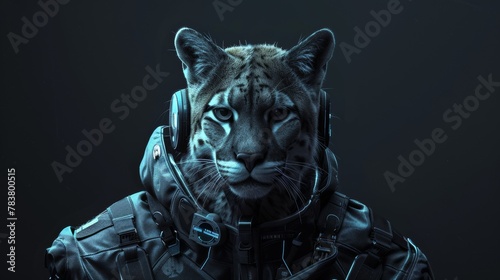 Cybernetic predator: tiger with headset in dark ambiance