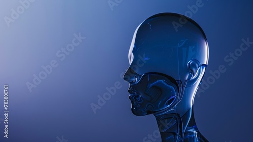 Sleek, glass-like android head in profile, showcasing advanced technology