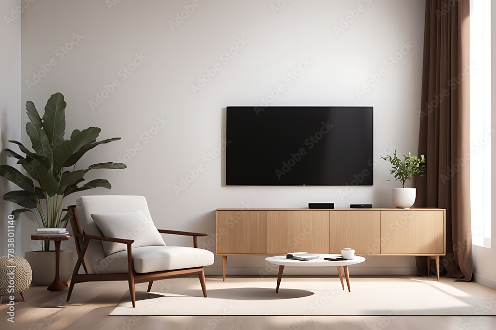 Mockup of a TV wall mounted with an armchair in the living room with a white wall design. 