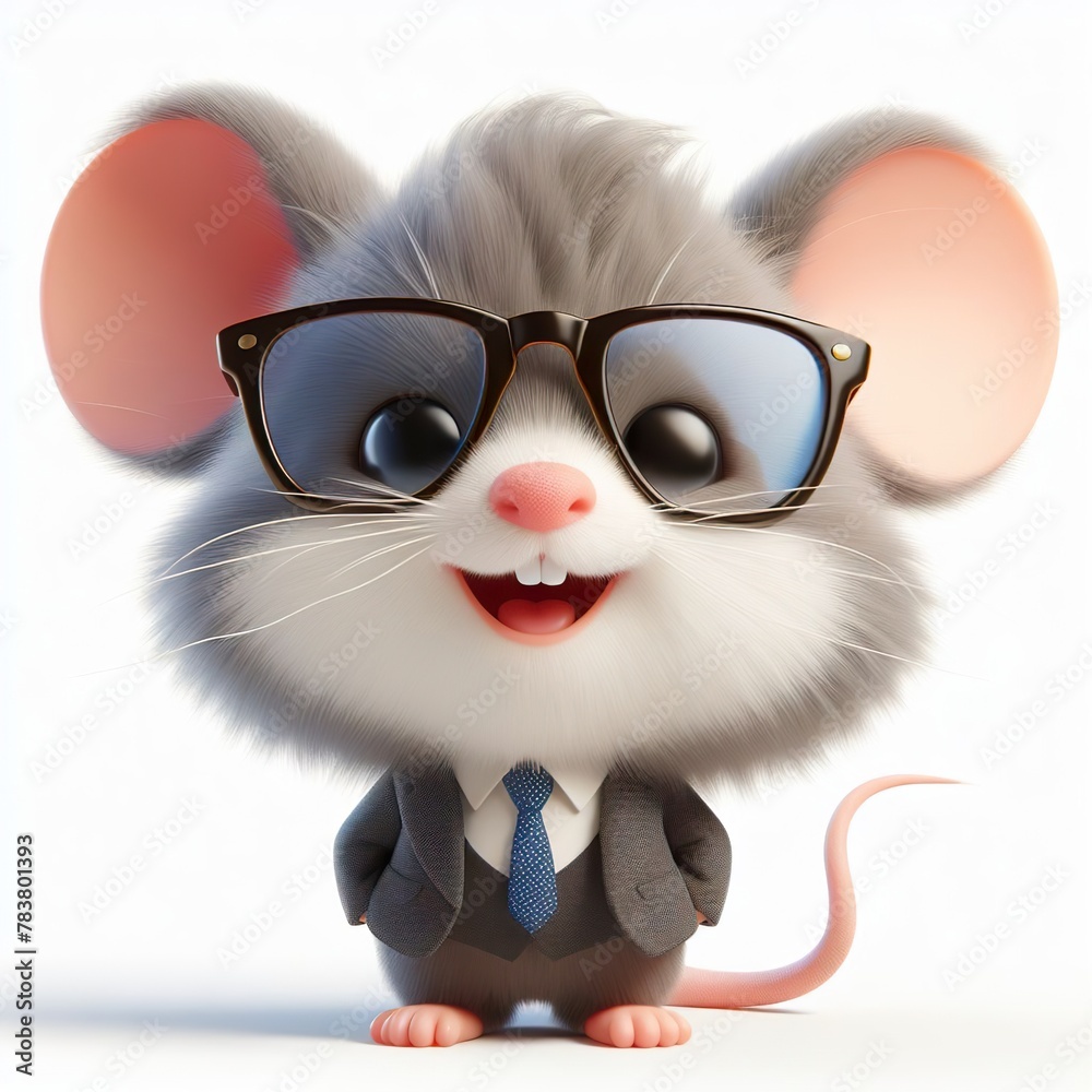 a cute Mouse wearing suit and cool fashion eyeglasses , funny, happy, smile, white background