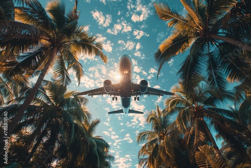 An aircraft soars amidst the sunny backdrop of palm trees, offering a sense of travel and escape © Larisa AI