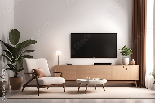 Mockup of a TV wall mounted with an armchair in the living room with a white wall design.  © Five Million Stocks
