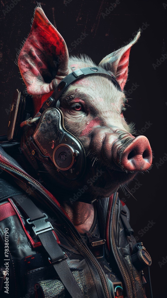 Digital artwork of a pig with military gear and high-tech headset on dark background Digital artwork of a pig with military gear and high-tech headset on dark background