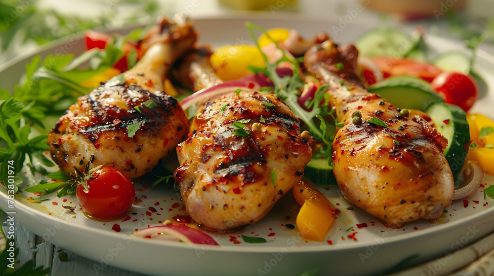 A plate of grilled chicken with vegetables on top A plate of grilled chicken with vegetables on top