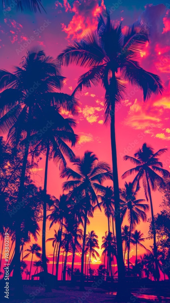 Vibrant pink and orange hues at sunset behind silhouetted palm trees