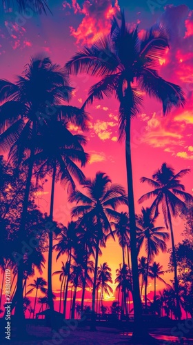 Vibrant pink and orange hues at sunset behind silhouetted palm trees