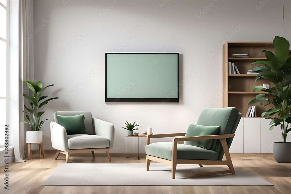 Mockup of a TV wall mounted with an armchair in the living room with a white wall design. Mockup of a TV wall mounted with an armchair in the living room with a white wall design.
