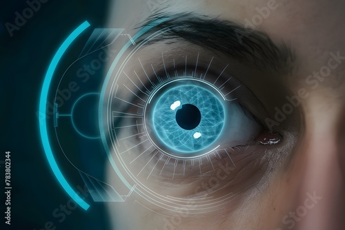 Close up holographic eye, futuristic vision scan technology