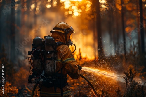 A brave firefighter in gear efficiently combating a massive forest fire amidst the orange flames and smoke photo