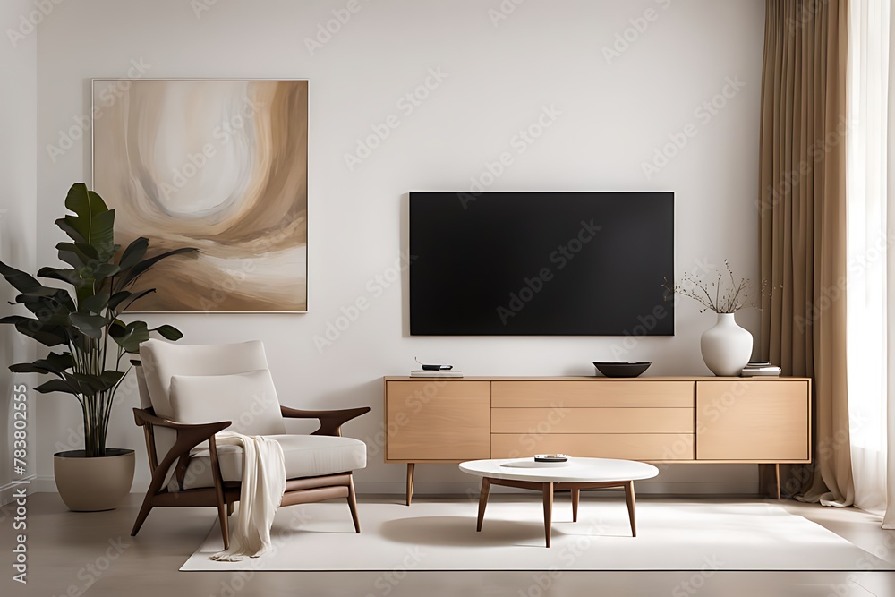 Mockup of a TV wall mounted with an armchair in the living room with a white wall design. 