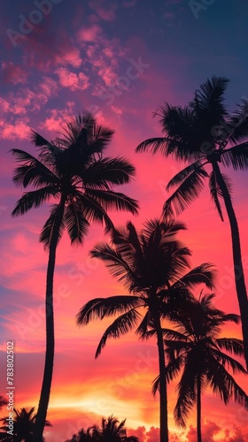 Silhouettes of palm trees against a vivid tropical sunset sky